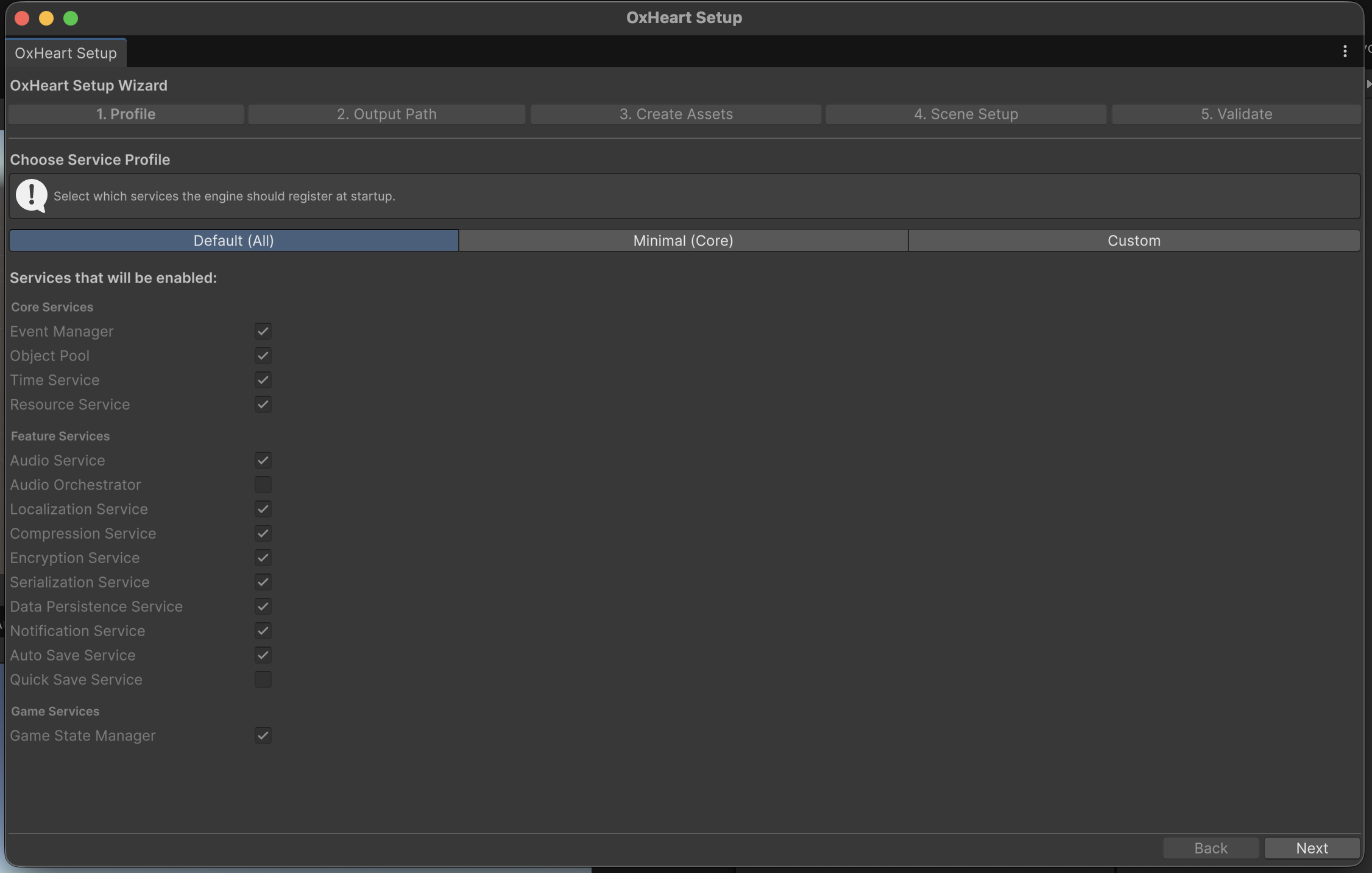 Setup Wizard step 1, choosing a service profile