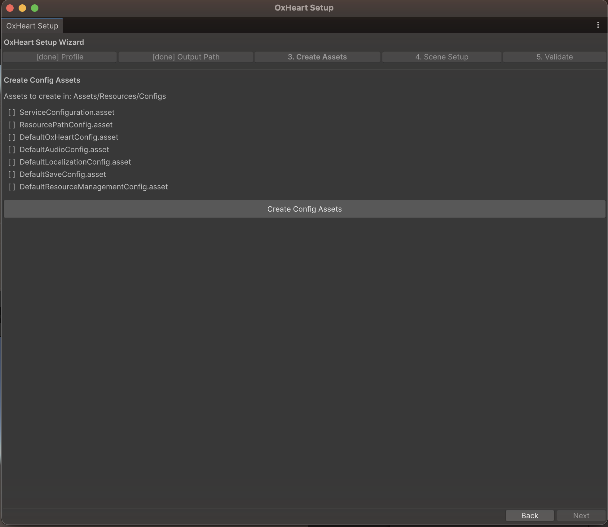 Setup Wizard step 3, the planned-asset checklist before creation