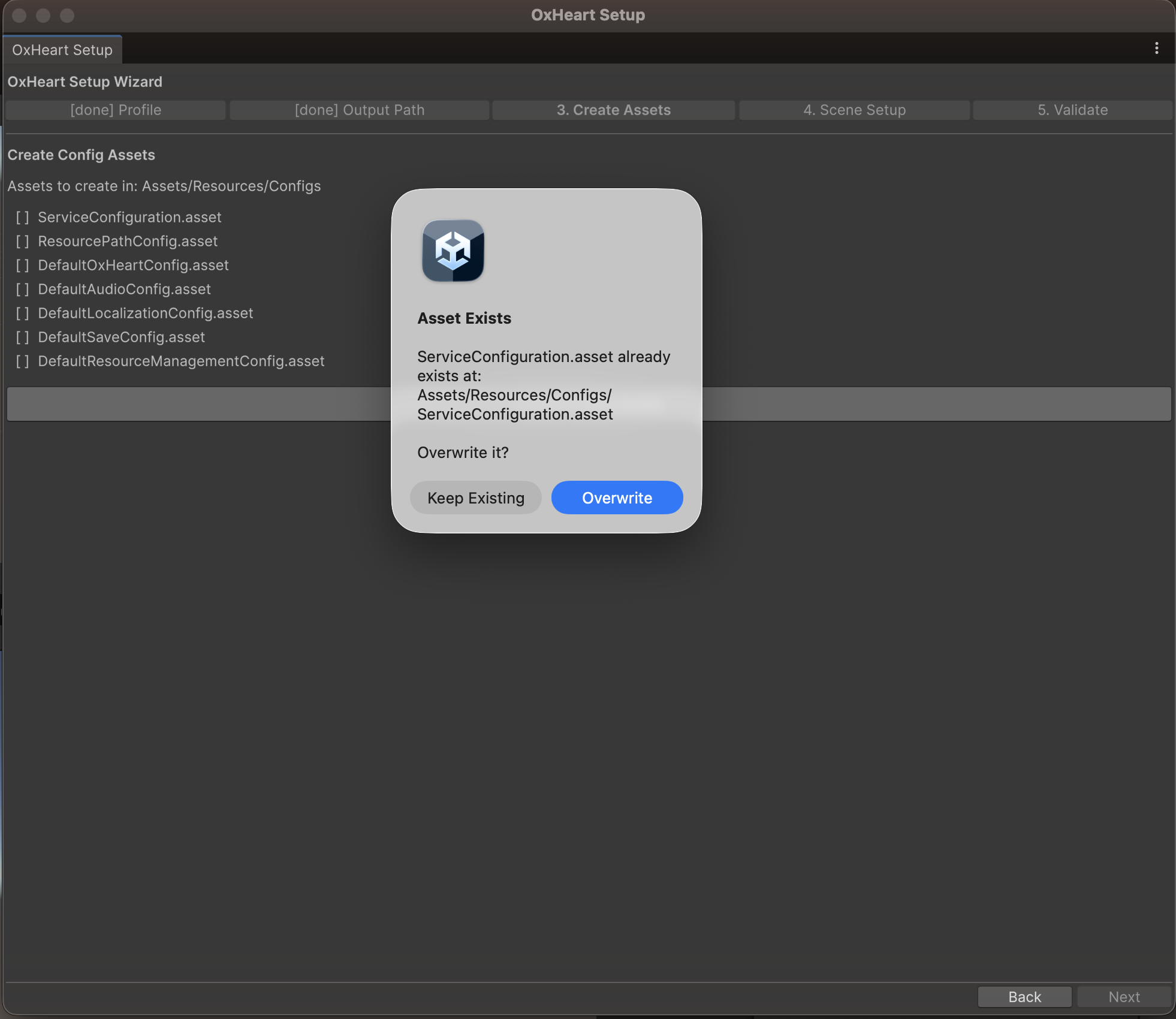 Setup Wizard overwrite prompt for an existing asset